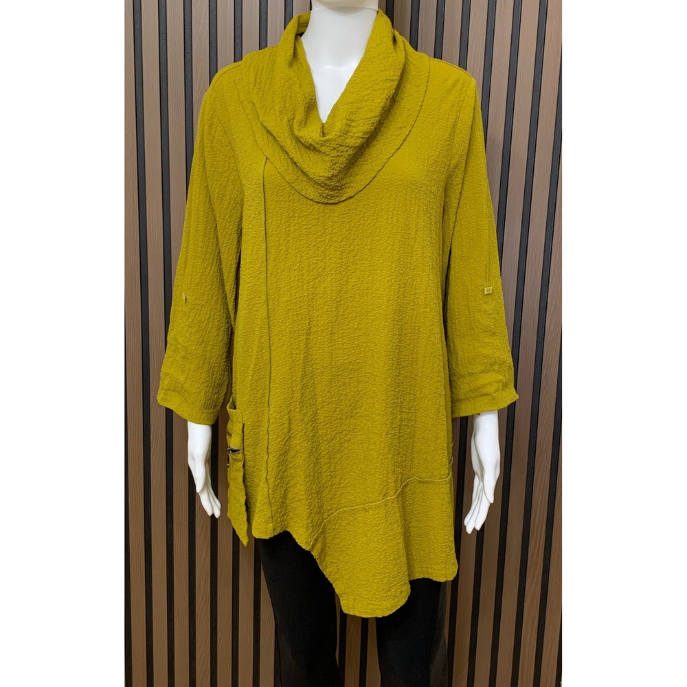 Ali Miles Green Crinkle Cowl Neck Asymmetrical Tunic Top 1X Lagenlook